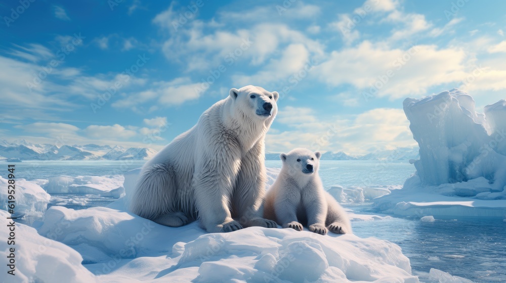 Two Polar bears relaxed on drifting ice with snow, Two animals playing in snow.