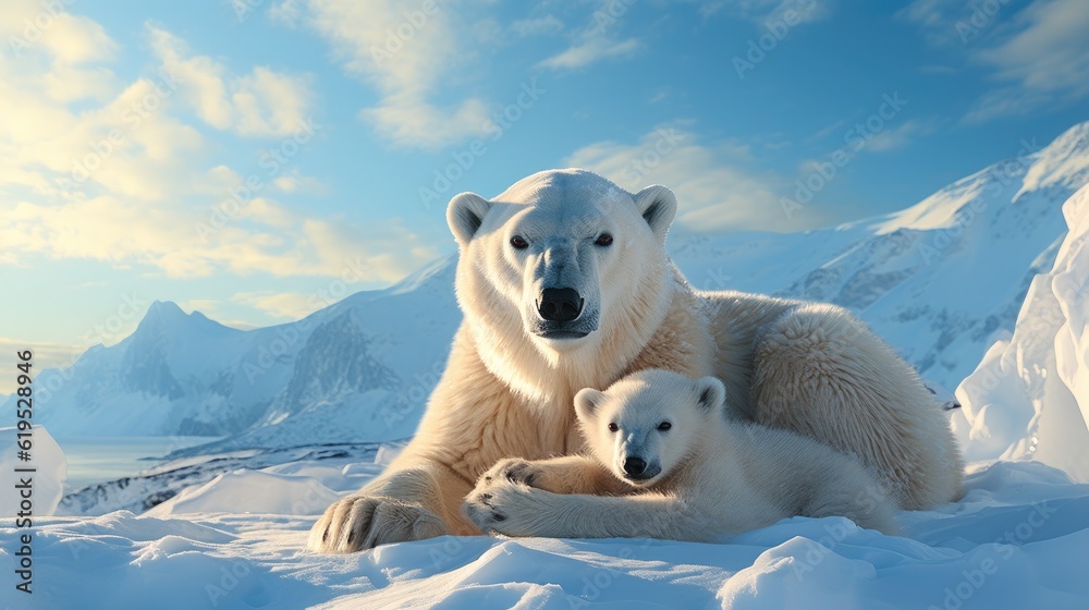 Two Polar bears relaxed on drifting ice with snow, Two animals playing in snow.