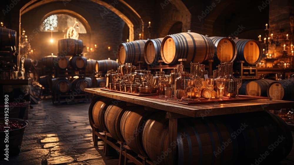 Wine barrels in wine vaults, Wine or whiskey barrels, French wooden barrels.