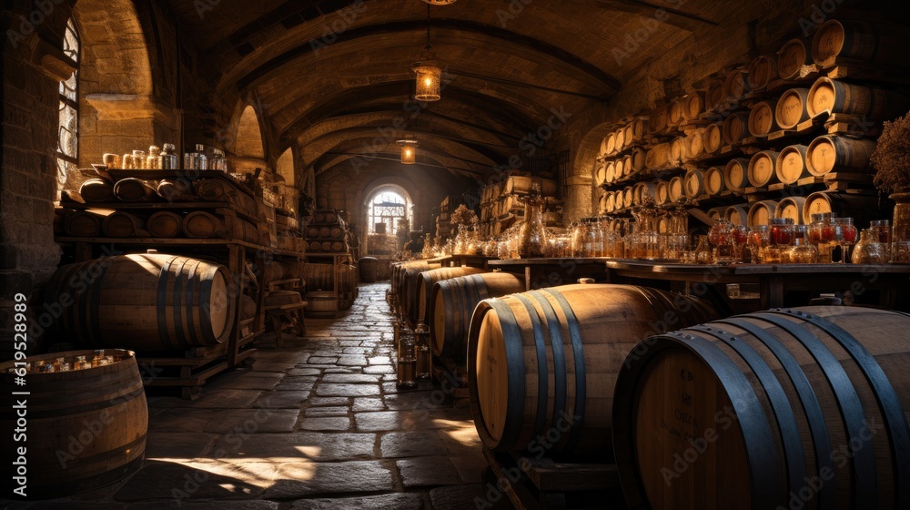 Wine barrels in wine vaults, Wine or whiskey barrels, French wooden barrels.