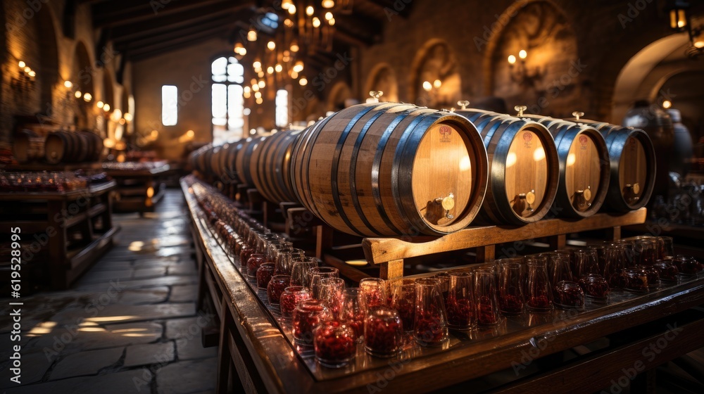 Wine barrels, Wine in wooden barrels is stored for aging.