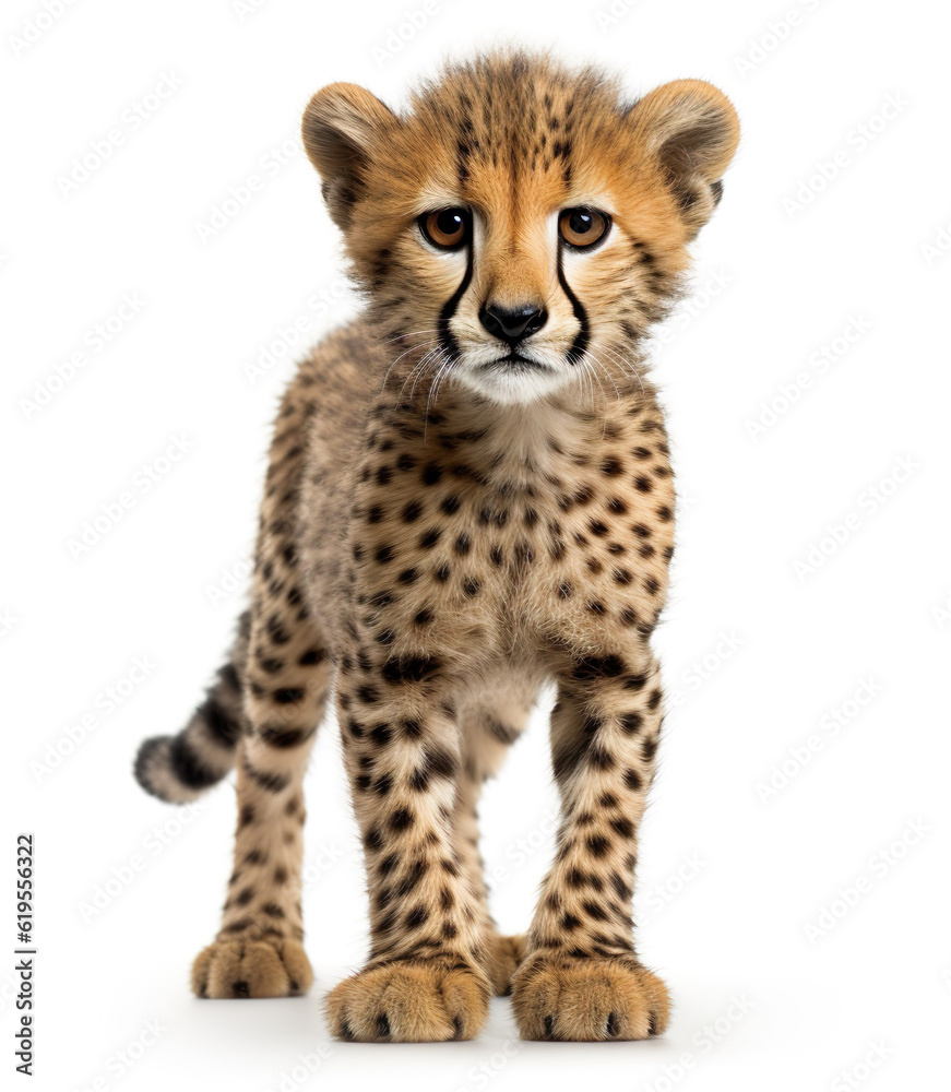 Cute little cheetah cat baby kitty realistic photo generative AI illustration isolated on white back