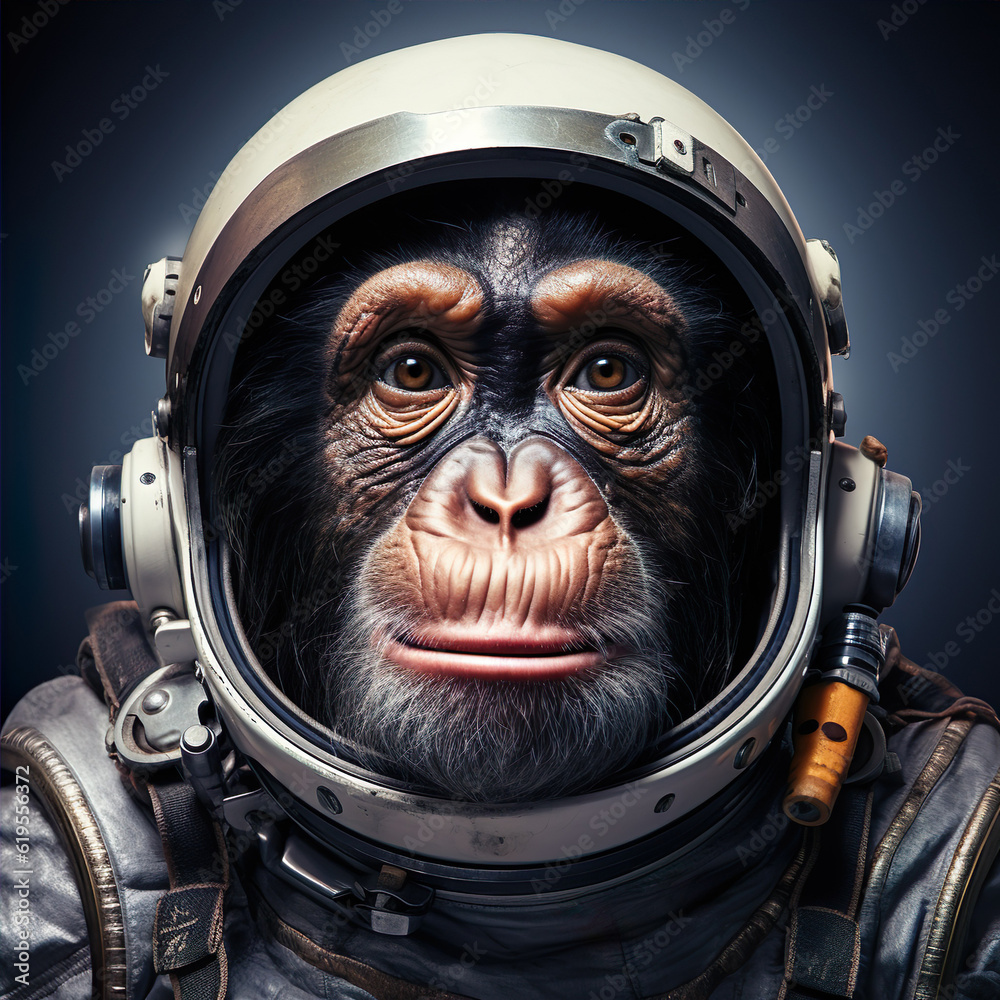 Adventurer chimp chimpanzee ape in astronaut suit in space mission expedition generative AI illustra