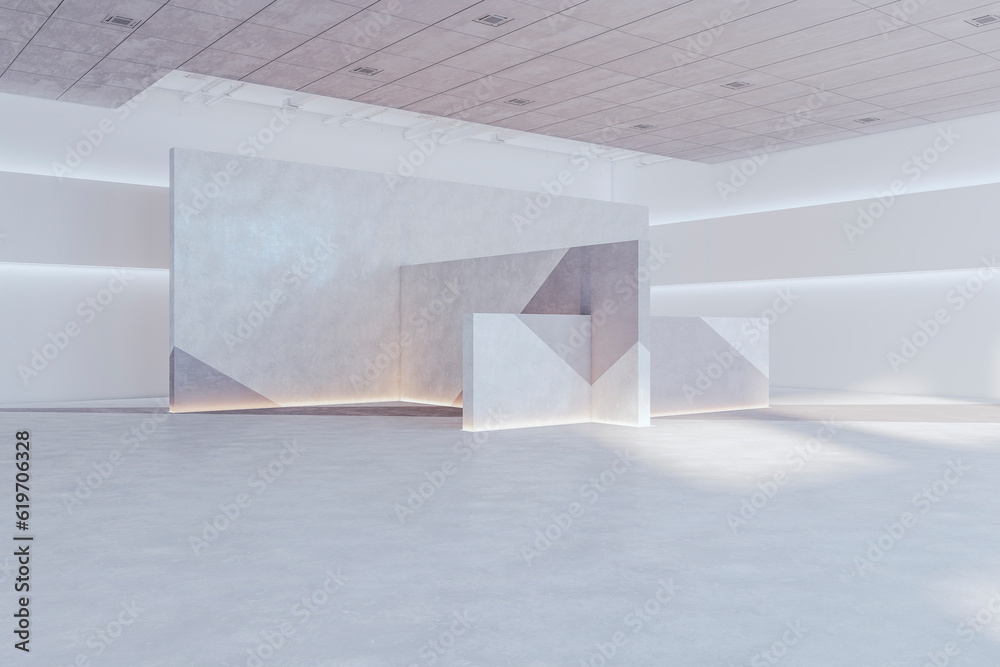 Contemporary concrete exhibition hall interior with sunlight and shadows. Museum and art concept. 3D