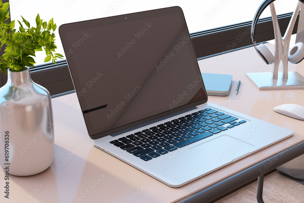 Close up of contemporary designer office desktop with black mock up computer monitor, reflections, d