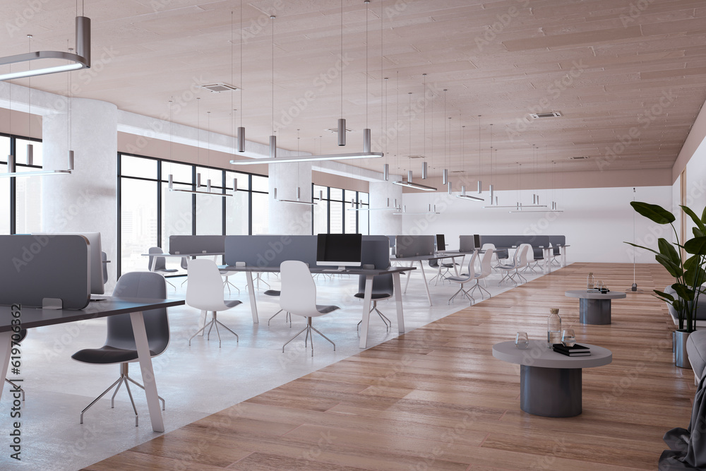 Simple concrete and wooden coworking office room interior with partitions, equipment, furniture, win