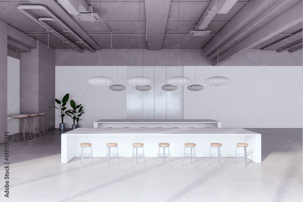 Modern concrete meeting room interior with kitchen, decorative plants and long white table with chai