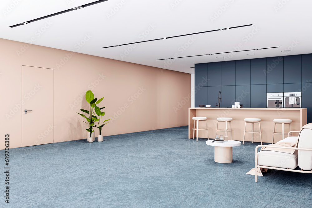 Perspective view of spacious empty modern kitchen interior with concrete floor and white walls. 3D R