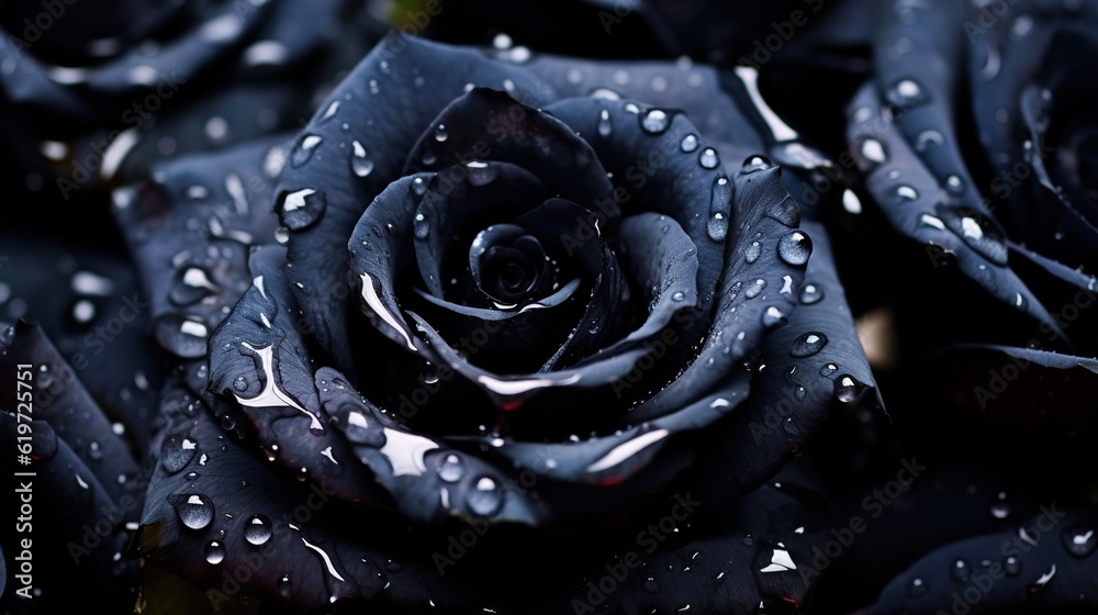 Black Roses flowers with water drops background. Closeup of blossom with glistening droplets. Genera