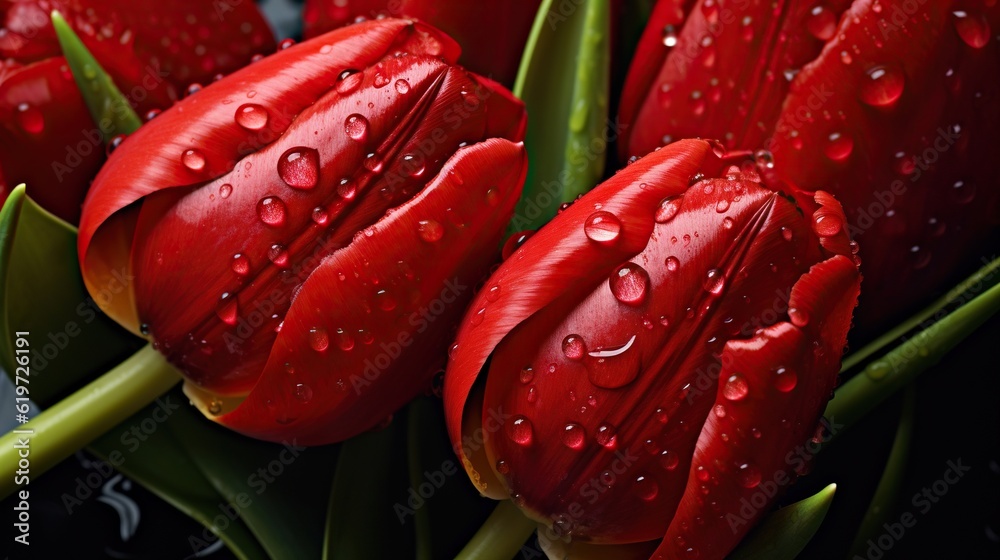 Red Tulips flowers with water drops background. Closeup of blossom with glistening droplets. Generat