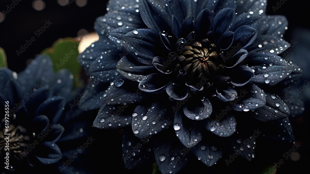 Black Dahlia flowers with water drops background. Closeup of delicate blossom with glistening drople