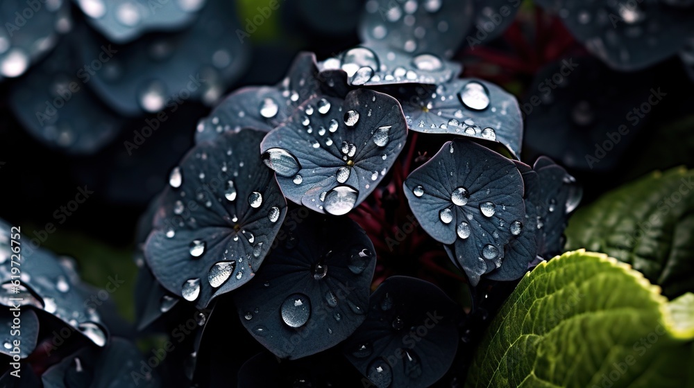 Black Hydrangeas flowers with water drops background. Closeup of blossom with glistening droplets. G