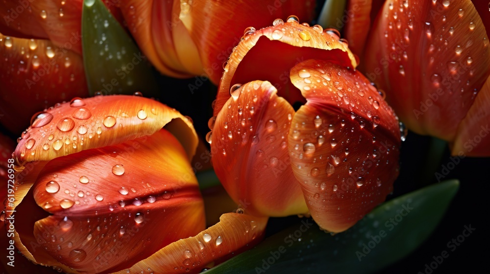 Orange Tulips flowers with water drops background. Closeup of blossom with glistening droplets. Gene