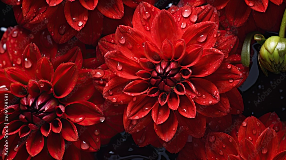 Red Dahlia flowers with water drops background. Closeup of delicate blossom with glistening droplets