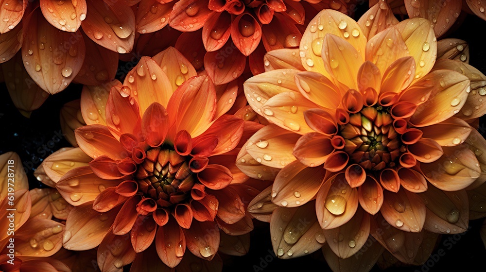 Orange Dahlia flowers with water drops background. Closeup of delicate blossom with glistening dropl