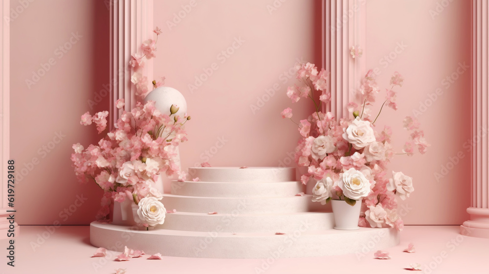 Podium with pink roses on pastel pink background to display products, gift or cosmetics. Generative 