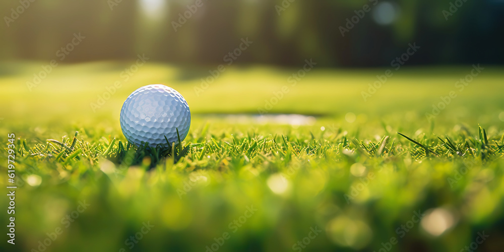 Close-up of golf ball on green grass of golf course, sunny day, blurred backdrop. Generative AI