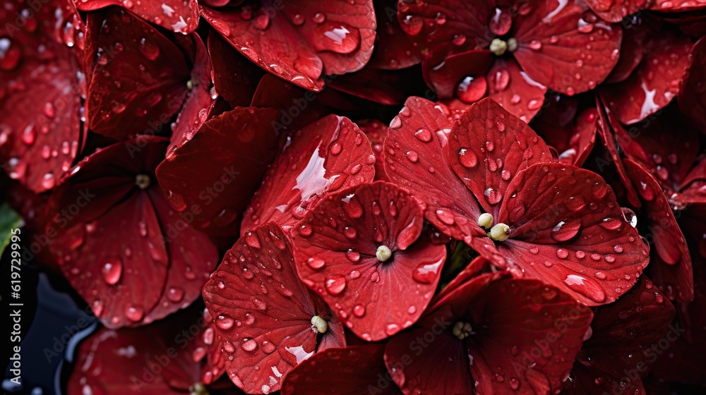 Red Hydrangeas flowers with water drops background. Closeup of blossom with glistening droplets. Gen