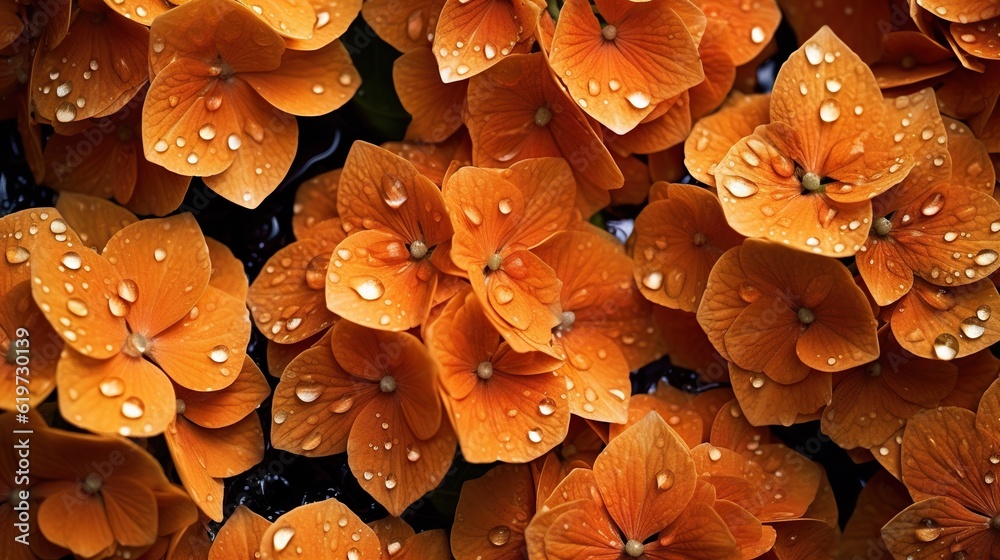 Orange Hydrangeas flowers with water drops background. Closeup of blossom with glistening droplets. 