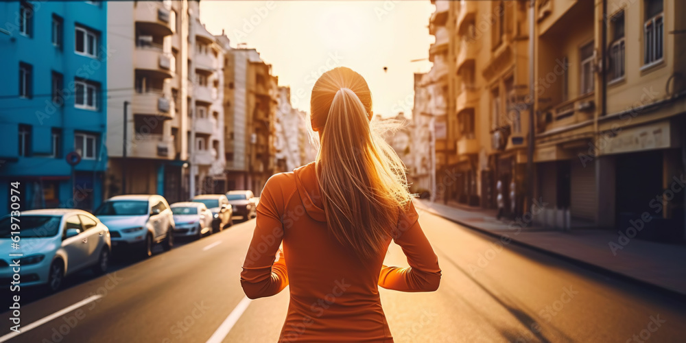 Woman running on city street. Urban workout. Generative AI