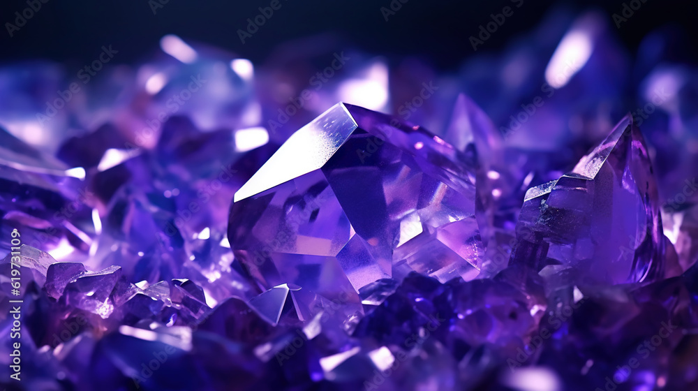 Amazing bright and shiny Amethyst crystal cluster background. Jewel mineral detailed macro. Generati