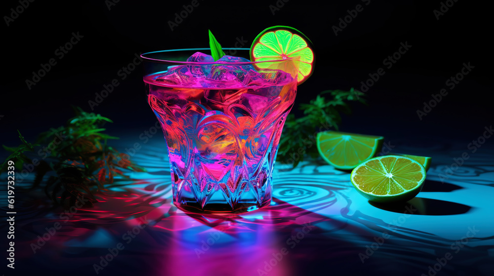 Glass of cocktail in hypnotic neon light. Colorful rave party drink. Generative AI