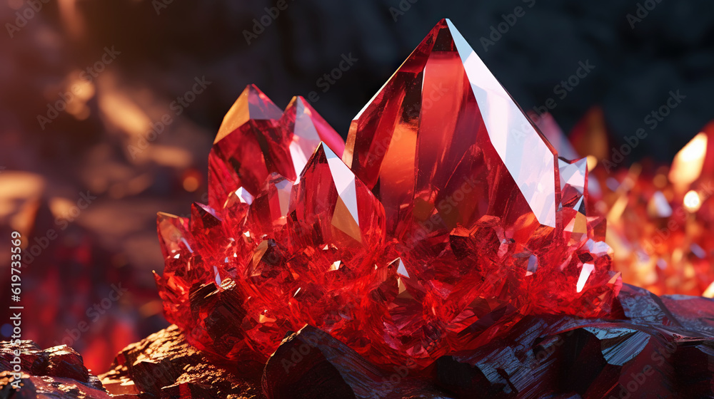 Amazing bright and shiny Realgar crystal cluster background. Jewel mineral detailed macro. Generativ