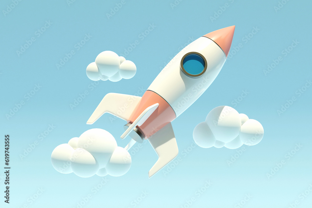 Composite 3d artwork collage image of flying rocket spaceship clouds sky isolated on creative blue c