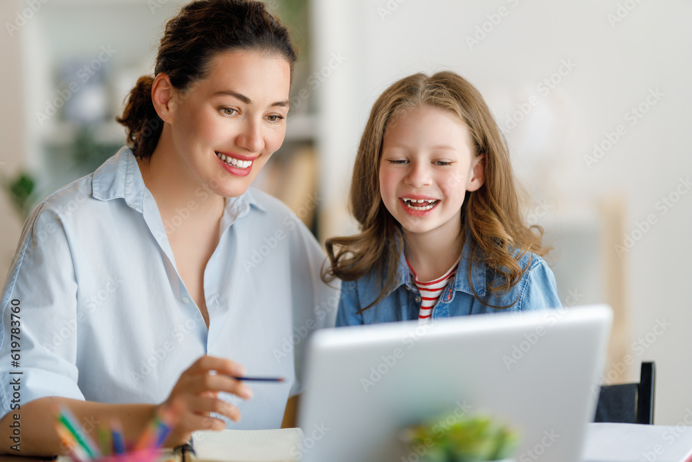 Girl doing homework or online education.