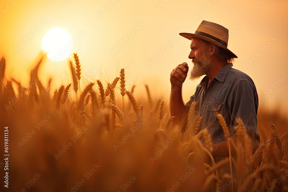 A farmer in golden wheat field.