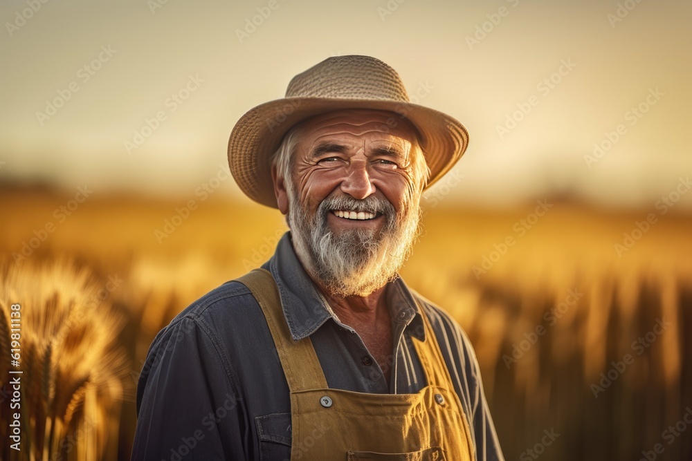 Smiling senior farmer in golden wheat field.