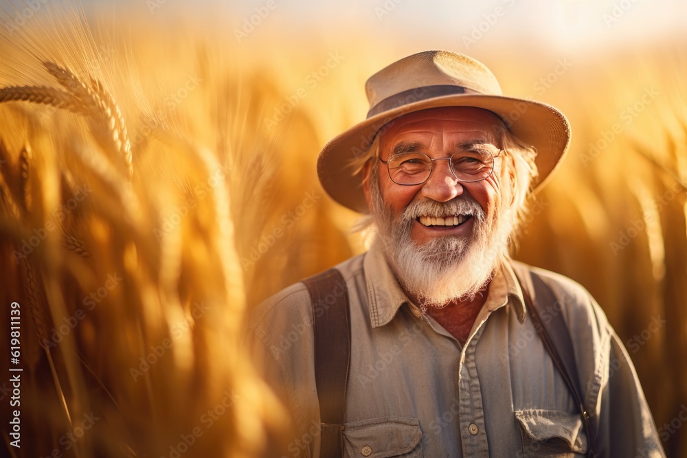 Smiling senior farmer in golden wheat field.