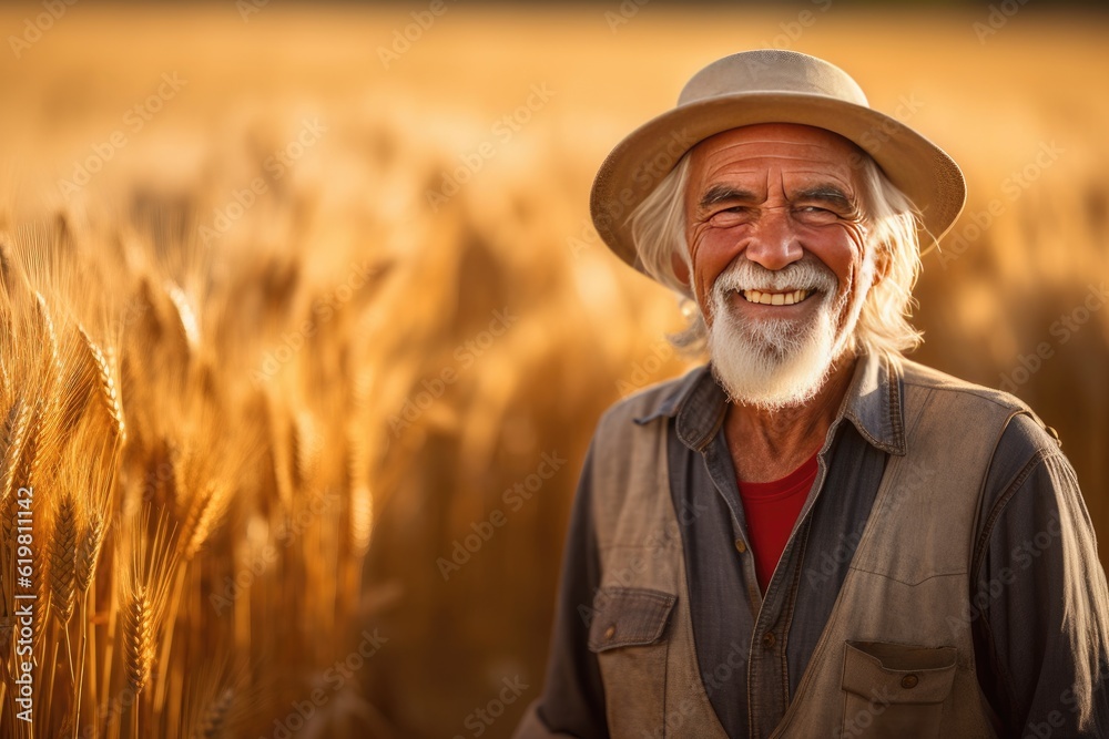 Smiling senior farmer in golden wheat field.