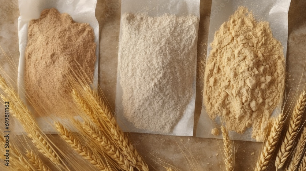 Top view, Different flour of wheat cereal in bakery bags.Texture of four wheat in mill:milled wheat 