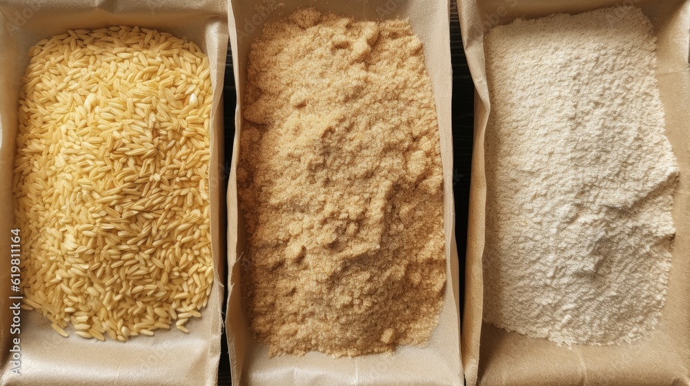 Top view, Different flour of wheat cereal in bakery bags.Texture of four wheat in mill:milled wheat 