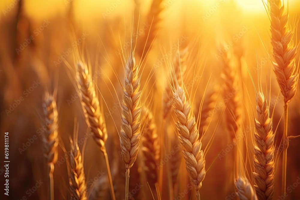 Wheat field. Ripening ears of wheat field. Rich harvest Concept. Ears of golden wheat. Rural Scenery