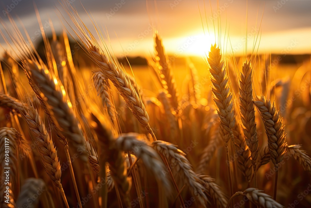 Wheat field. Ripening ears of wheat field. Rich harvest Concept. Ears of golden wheat. Rural Scenery