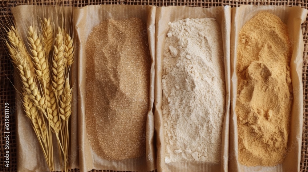 Top view, Different flour of wheat cereal in bakery bags.Texture of four wheat in mill:milled wheat 