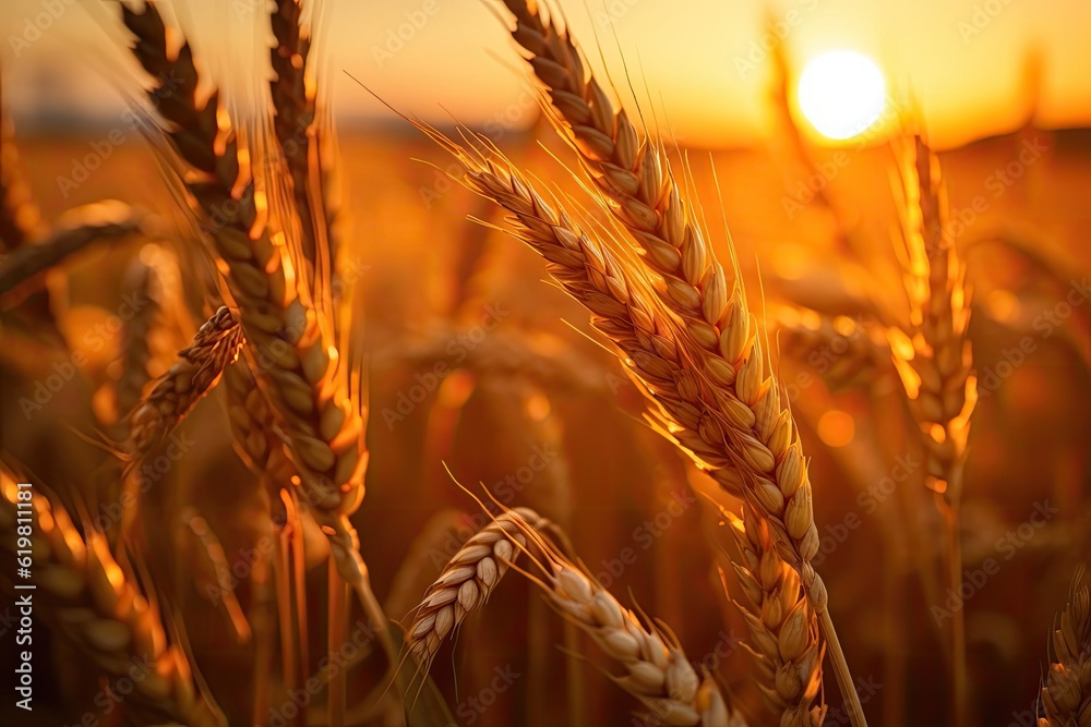 Wheat field. Ripening ears of wheat field. Rich harvest Concept. Ears of golden wheat. Rural Scenery