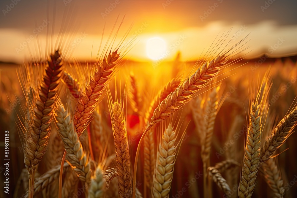 Wheat field. Ripening ears of wheat field. Rich harvest Concept. Ears of golden wheat. Rural Scenery