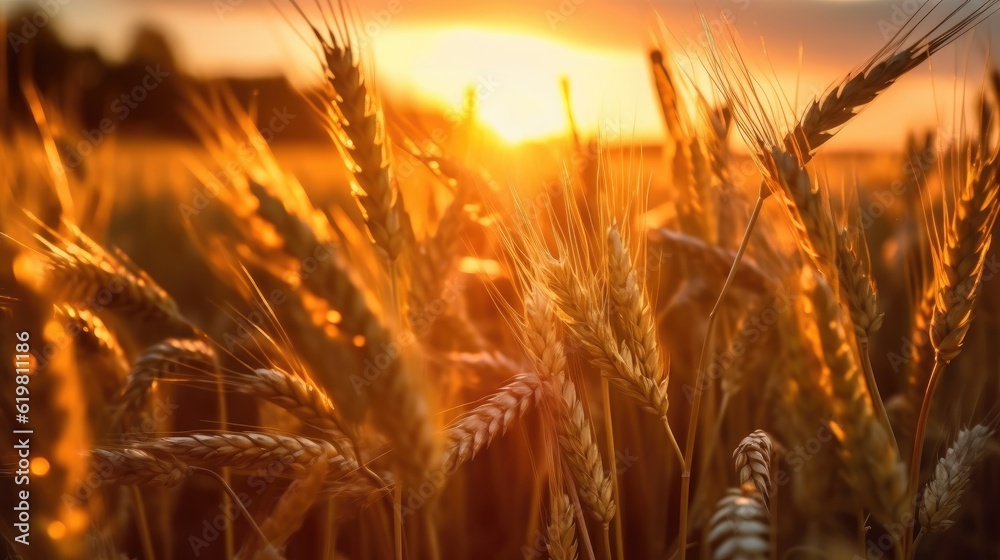 Wheat field. Ripening ears of wheat field. Rich harvest Concept. Ears of golden wheat. Rural Scenery