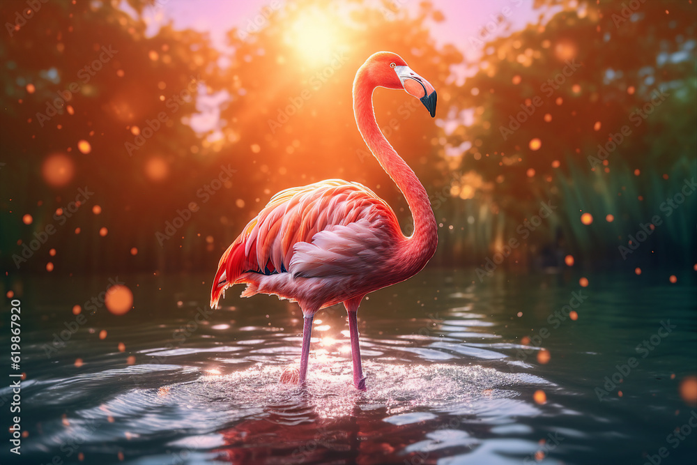 Beautiful collage image picture generated by ai of pink big lonely bird flamingo in water pond searc