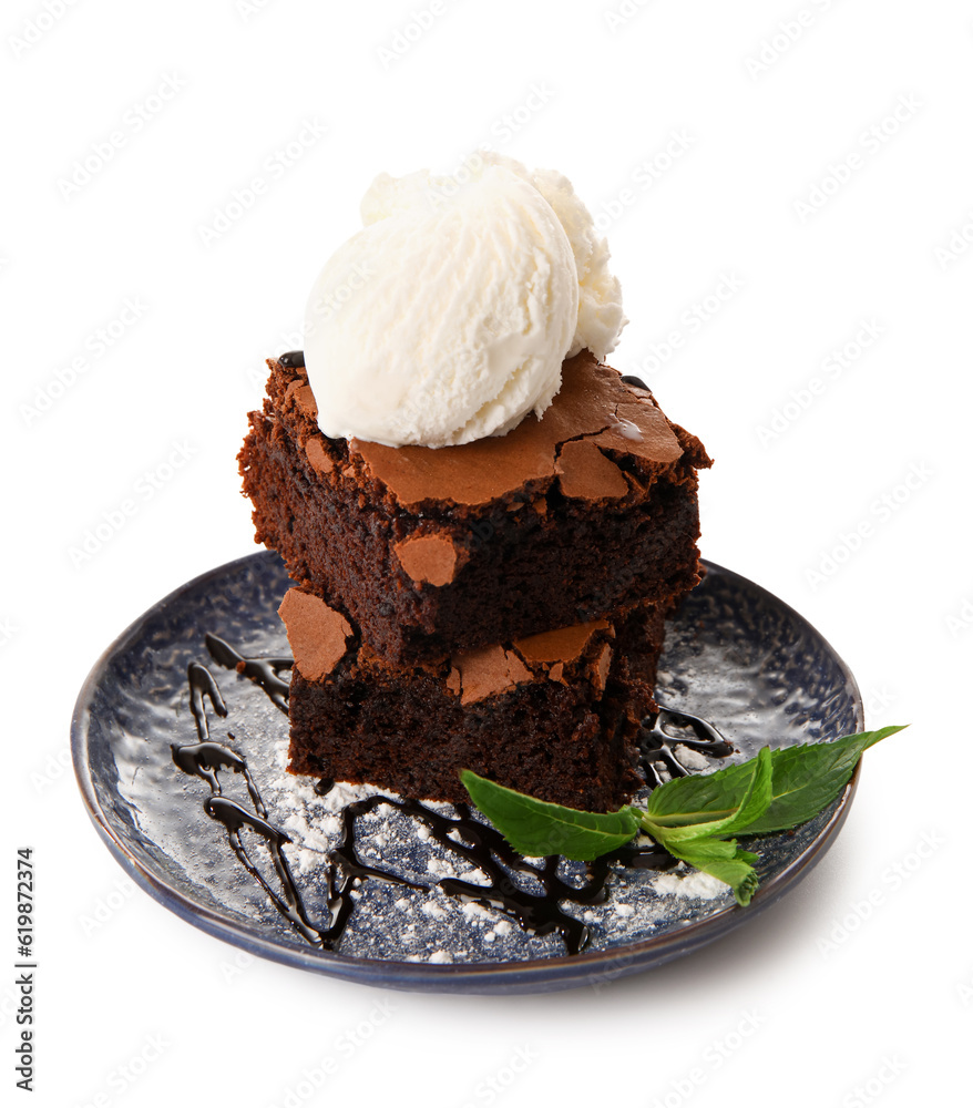 Plate with pieces of tasty chocolate brownie and ice cream on white background