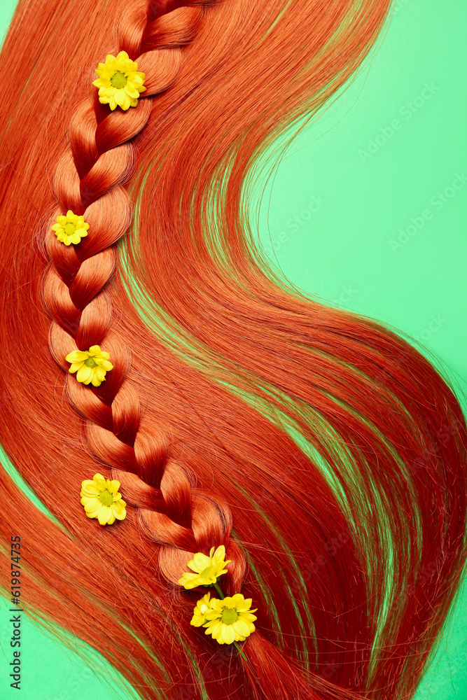 Ginger hair with braided strand and flowers on color background, closeup