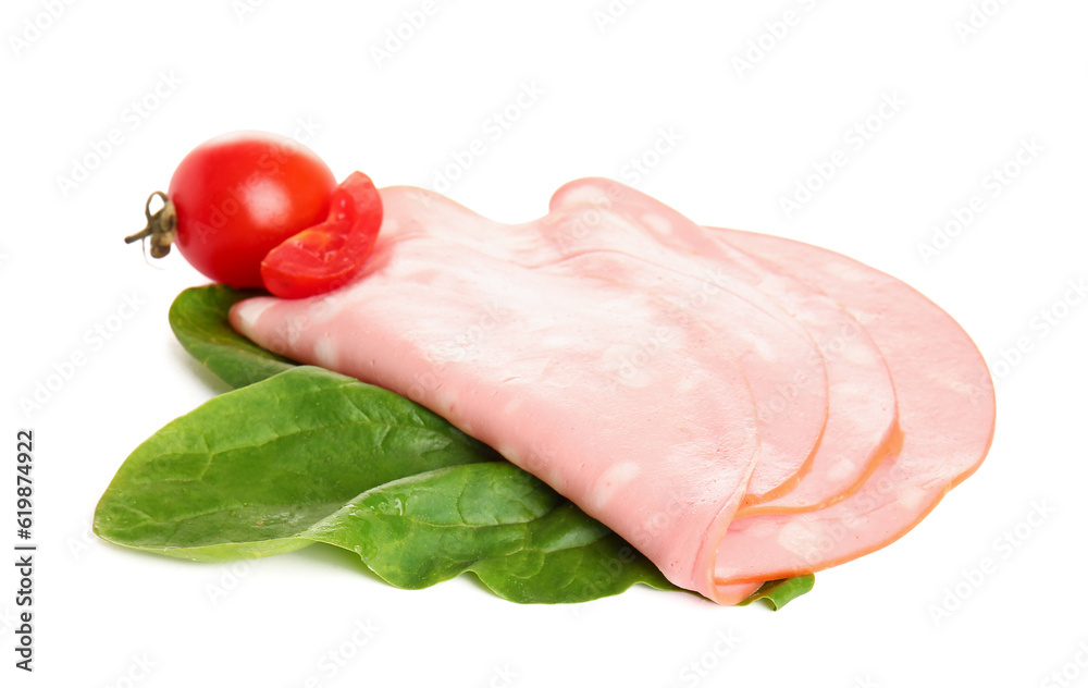 Slices of tasty boiled sausage with spinach and tomatoes on white background