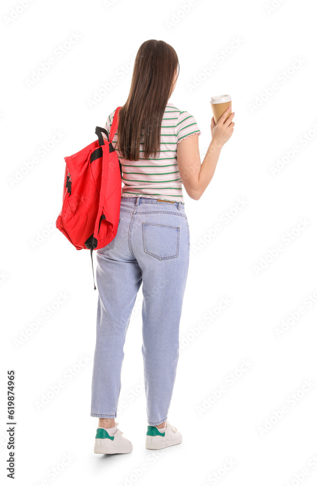 Female student with backpack and cup of coffee on white background, back view