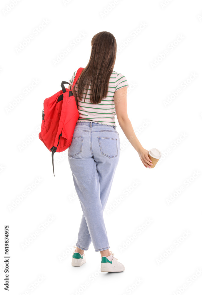 Female student with backpack and cup of coffee on white background, back view