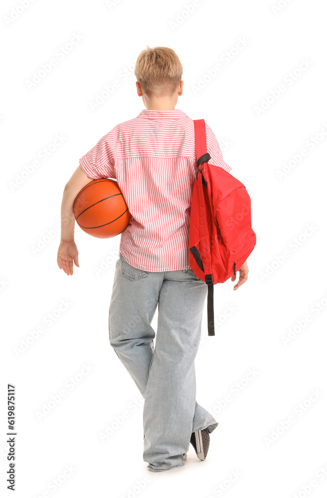 Female student with backpack and ball on white background, back view