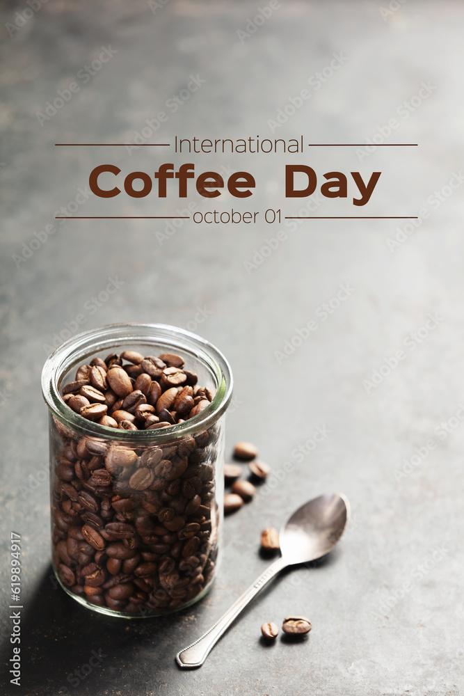 Coffee composition on dark rustic background. Coffee day concept