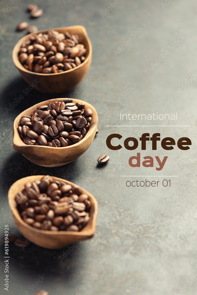 Coffee flat lay on dark background, coffee day concept